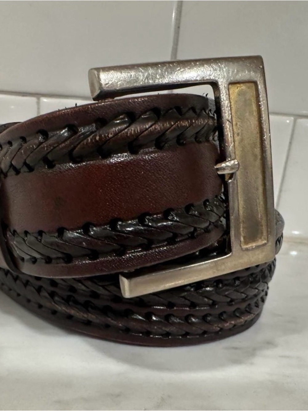 Source Unknown Dark Brown Braided Leather Men's Belt with Metal Buckle